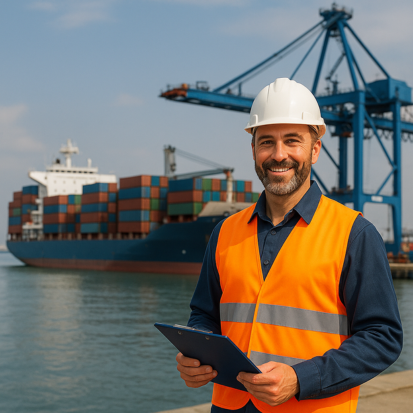 Ilustración sobre gestión portuaria y operaciones marítimas