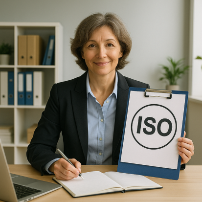 Mujer ejecutiva mostrando certificación ISO en oficina